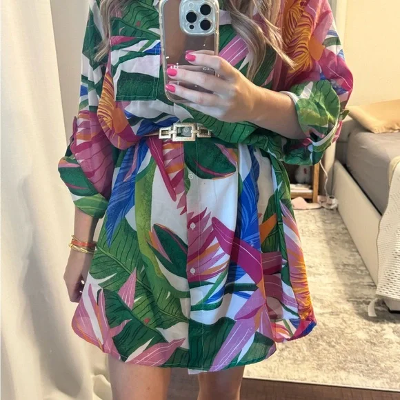 Colorful Tropical Print T-Shirt Dress / Blouse / Bathing Suit Cover Up - Picture 9 of 10